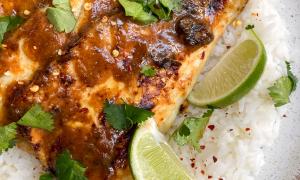 plato de pescado blanco con salsa de miso y lima sobre arroz basmati con cilantro